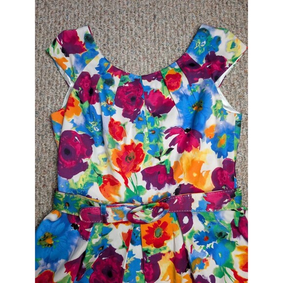 Dressbarn Womens Dress Size 10P White Floral Tank Sleeveless Belted Summer Trad - Picture 3 of 15